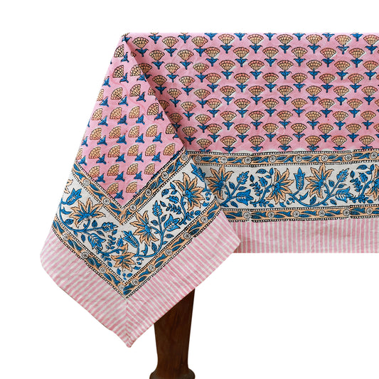 Indian Block Printed Pink Blue Tablecloth For Dinning Table Decor - My Store