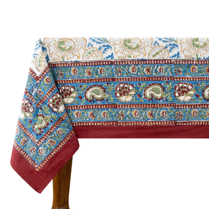 Artisan Block Print Cotton Tablecloth, Blue and Yellow Indian Rectangle Dining Cover - My Store