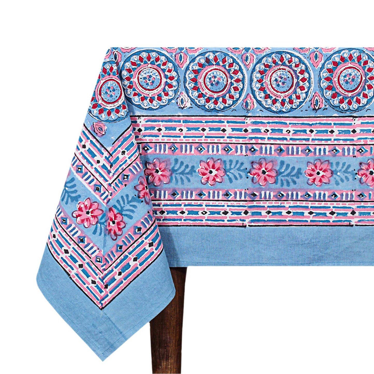 Blue and Red Floral Block Printed Table Cover - Rectangular Tablecloth - My Store
