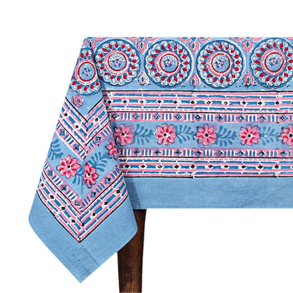 Blue and Red Floral Block Printed Table Cover - Rectangular Tablecloth - My Store