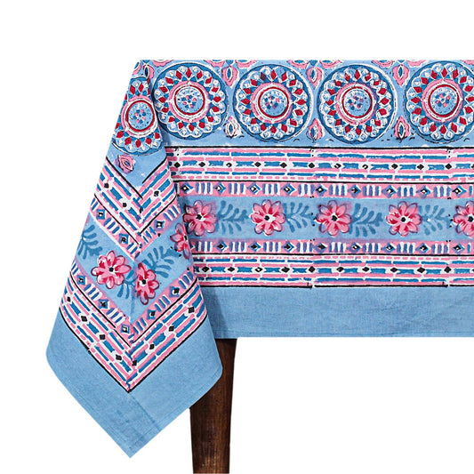 Blue and Red Floral Block Printed Table Cover - Rectangular Tablecloth - My Store