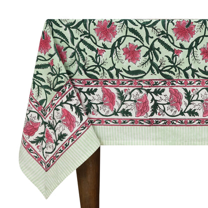Rose Pink and Green Floral Design Block Printed Cotton Table Cover - My Store