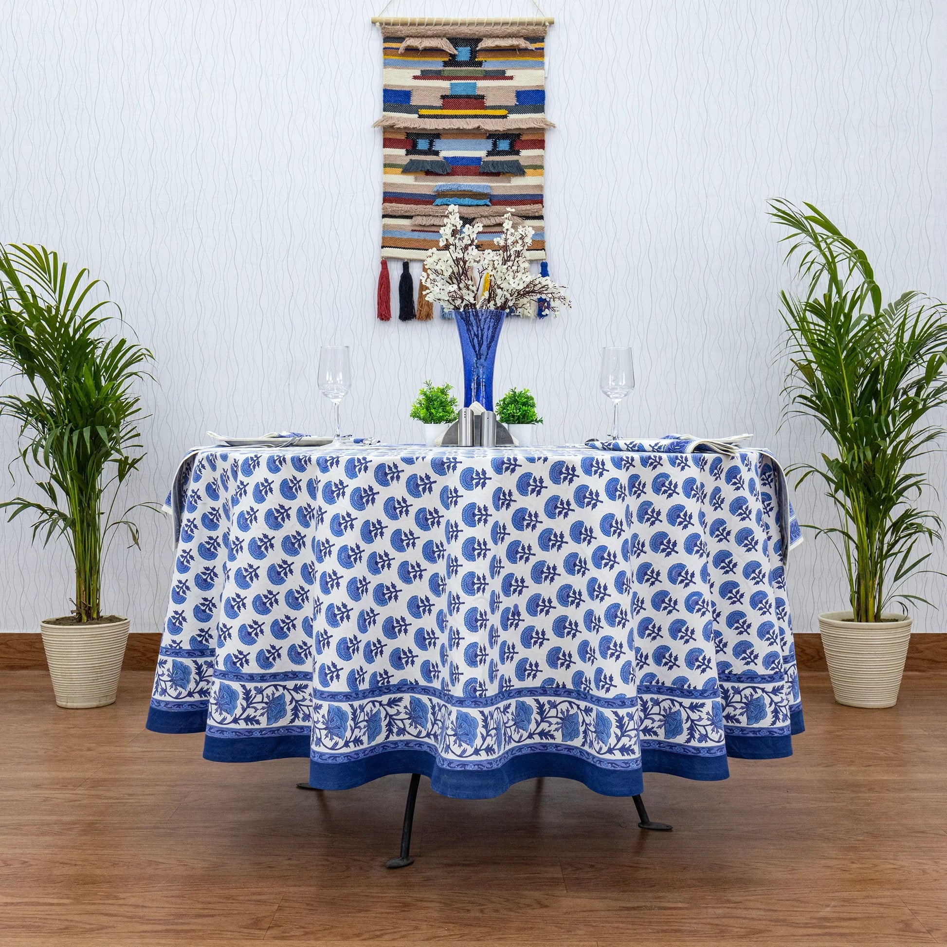 Blue & White Round Tablecloth, Custom Size Table Linens - My Store
