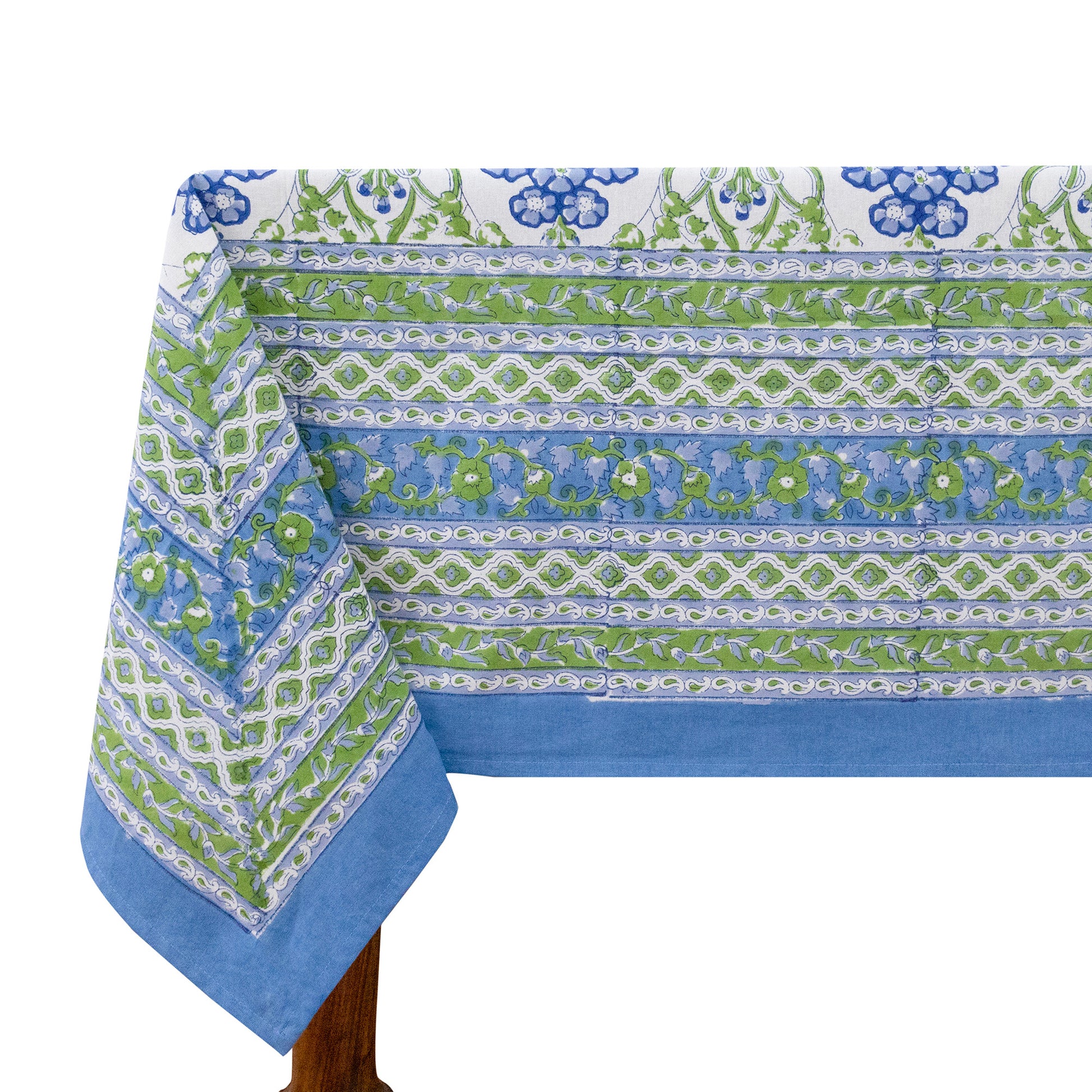 Artisan Block Print Cotton Tablecloth, Green and Blue Indian Rectangle Dining Cover - My Store