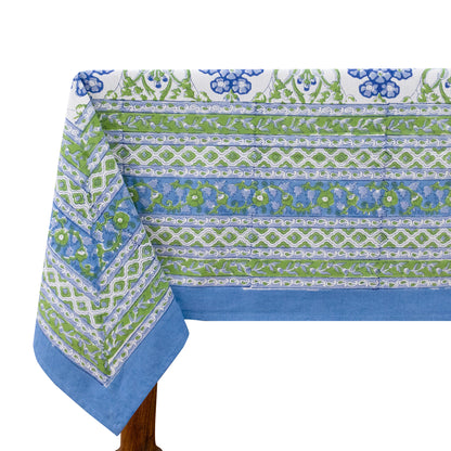 Artisan Block Print Cotton Tablecloth, Green and Blue Indian Rectangle Dining Cover - My Store
