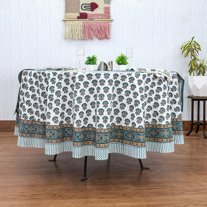 Teal Blue and White Floral Table Cloth, Block Printed Table Cover - My Store