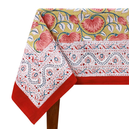 Multicolor Hand Block Printed Floral Print Tablecloth With Beautiful Red Border - My Store