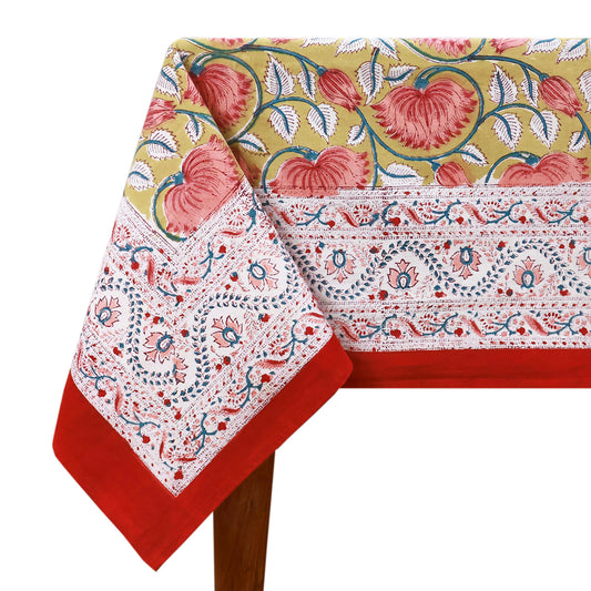 Multicolor Hand Block Printed Floral Print Tablecloth With Beautiful Red Border - My Store