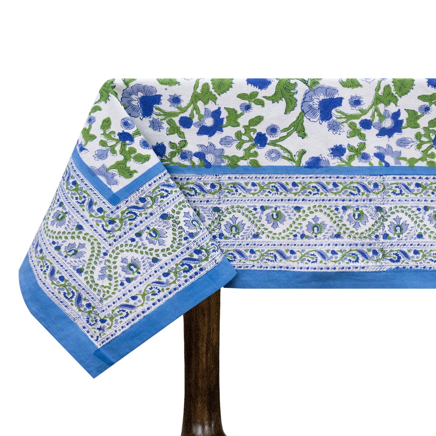 Artisan Block Print Cotton Tablecloth, Blue and Green Indian Rectangle Dining Cover - My Store
