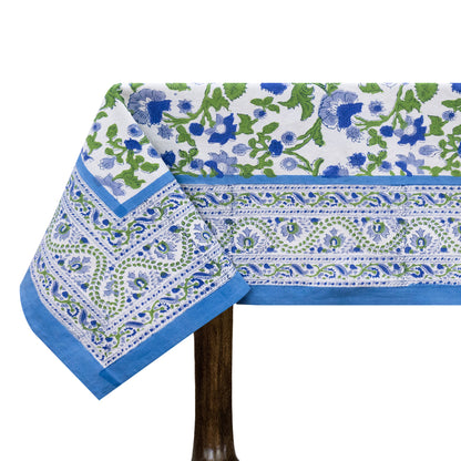 Artisan Block Print Cotton Tablecloth, Blue and Green Indian Rectangle Dining Cover - My Store