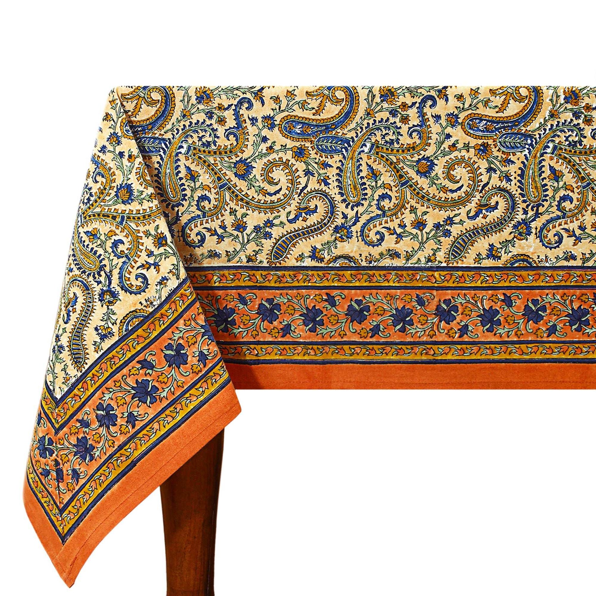 Floral Orange and Blue Indian Block Print tablecloth - My Store