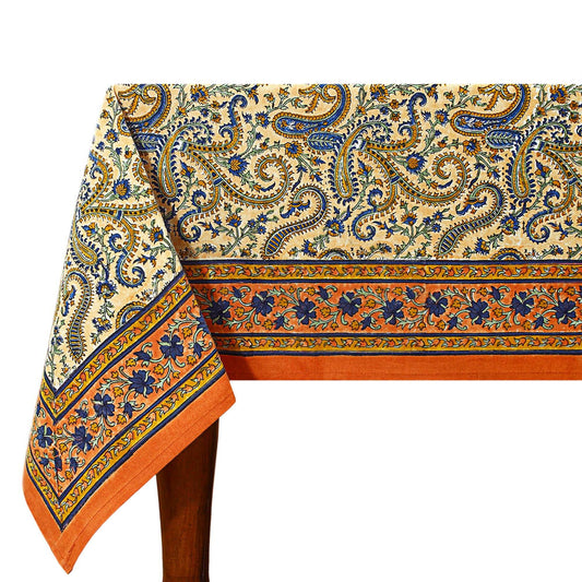 Floral Orange and Blue Indian Block Print tablecloth - My Store