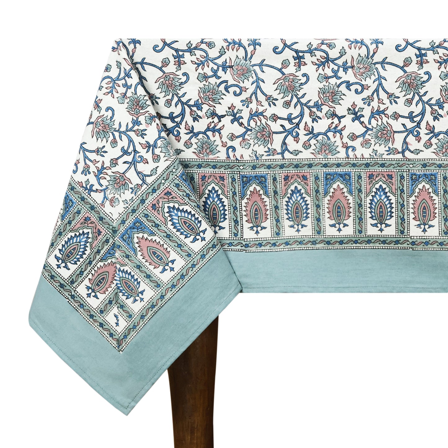Floral Cotton Grey and White Hand Block Printed Rectangle Tablecloth - My Store