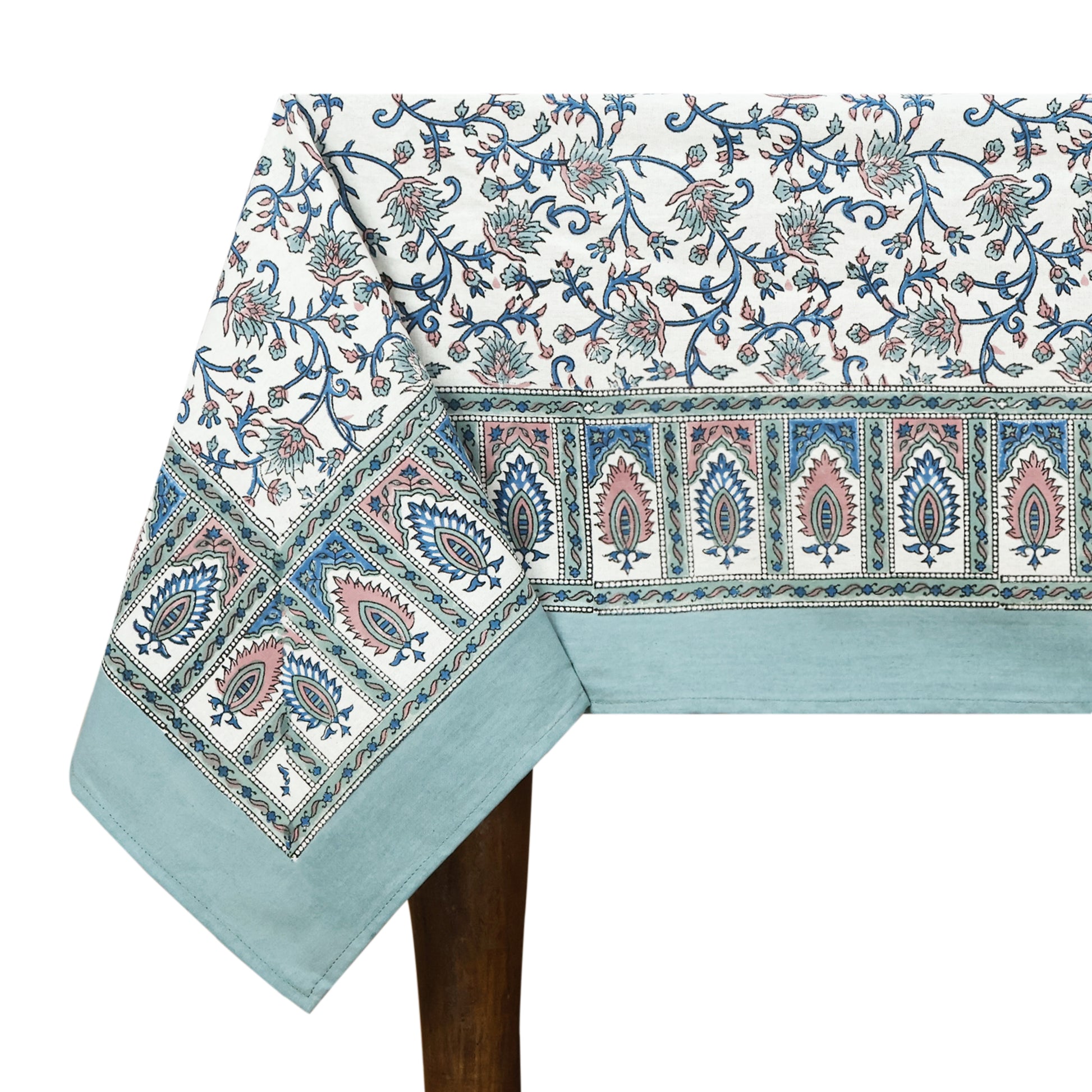 Floral Cotton Grey and White Hand Block Printed Rectangle Tablecloth - My Store
