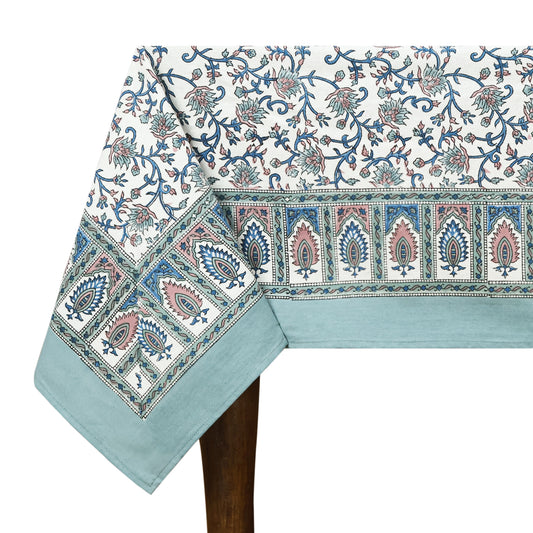 Floral Cotton Grey and White Hand Block Printed Rectangle Tablecloth - My Store