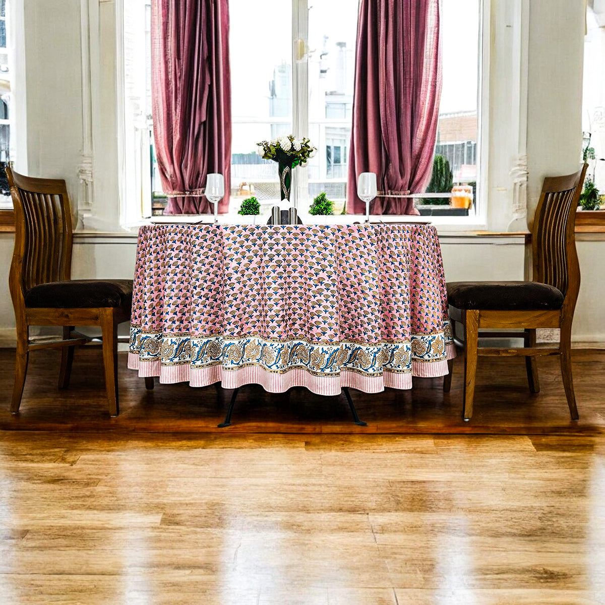 Pink and Blue Handmade Block Printed Cotton Tablecloth - My Store