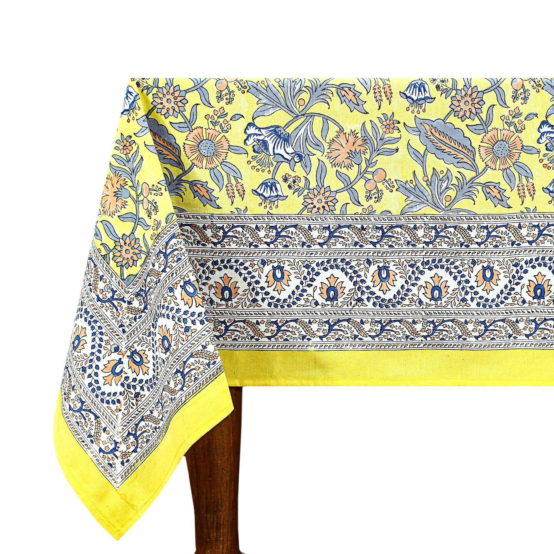 Yellow Indian Hand Block Printed Cotton Cloth Tablecloth For Dinning Decor - My Store