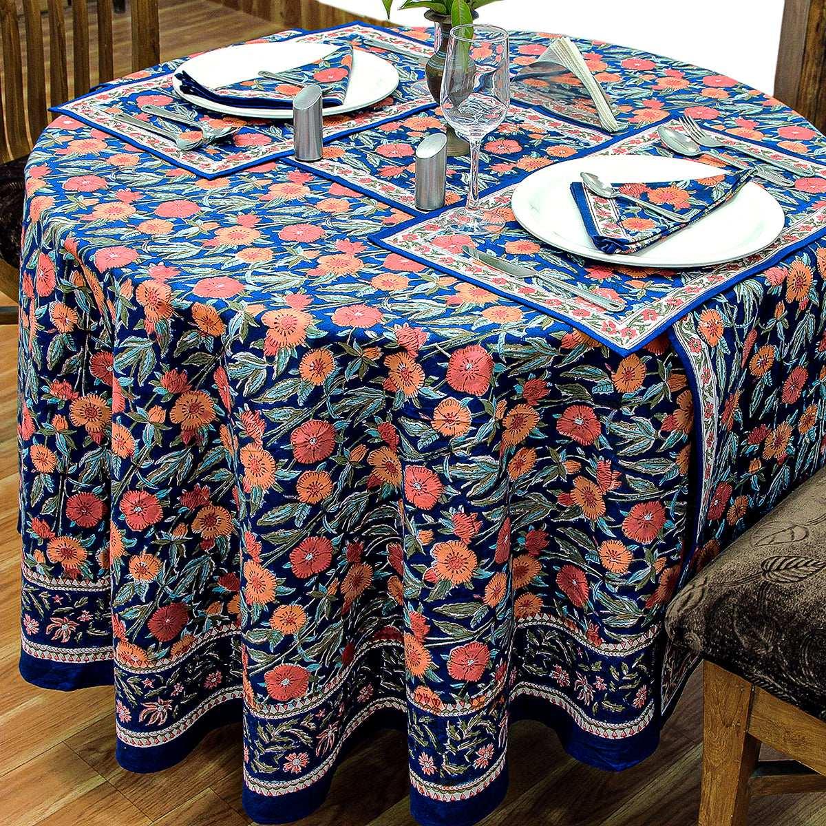 Blue and Red Floral Block Print Tablecloth, Handmade Table Cover - My Store