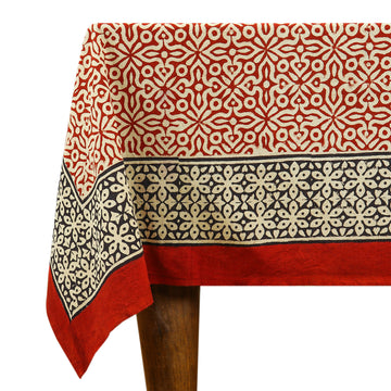 Indian Handmade Block Printed Cotton Red and Black Rectangle Tablecloth