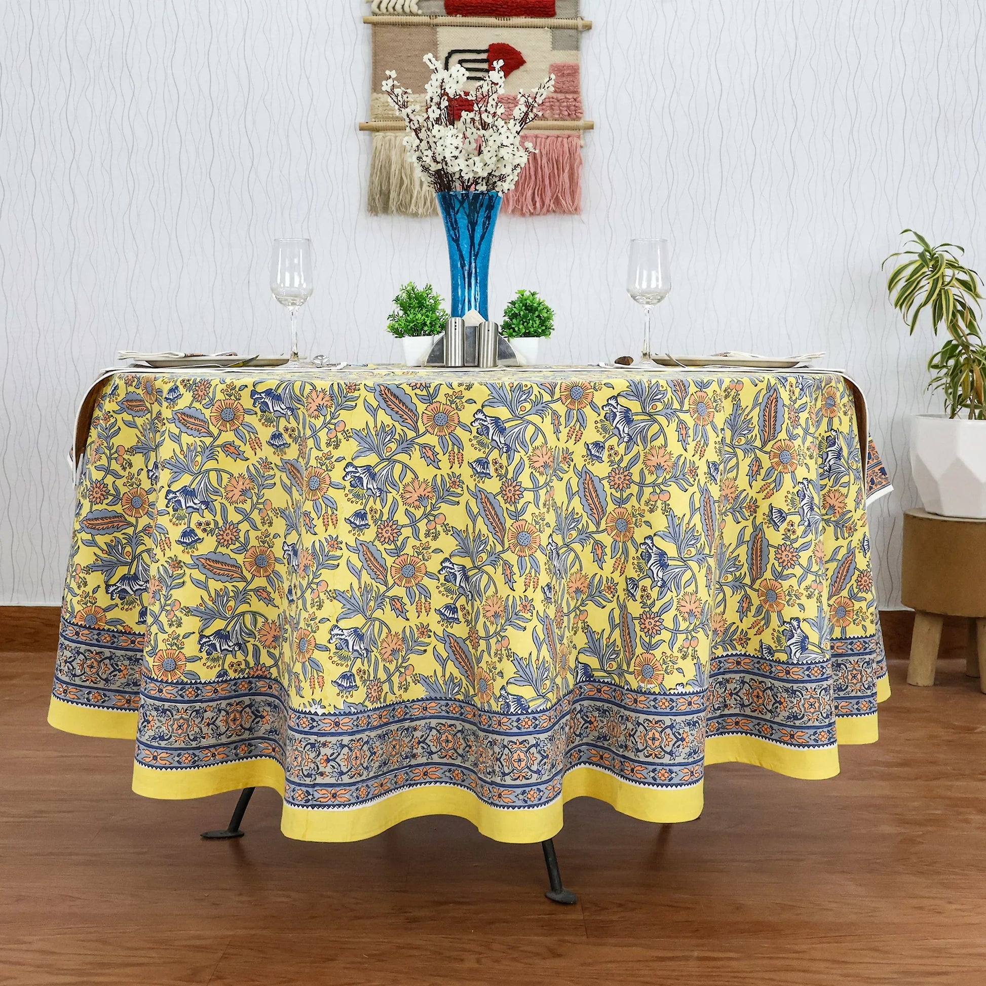 Blue & Yellow Cotton Hand Block Printed Round Tablecloth - My Store