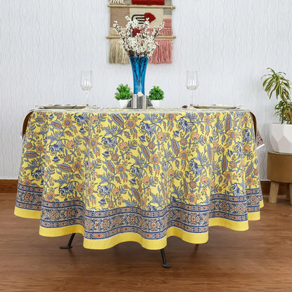 Blue & Yellow Cotton Hand Block Printed Round Tablecloth - My Store