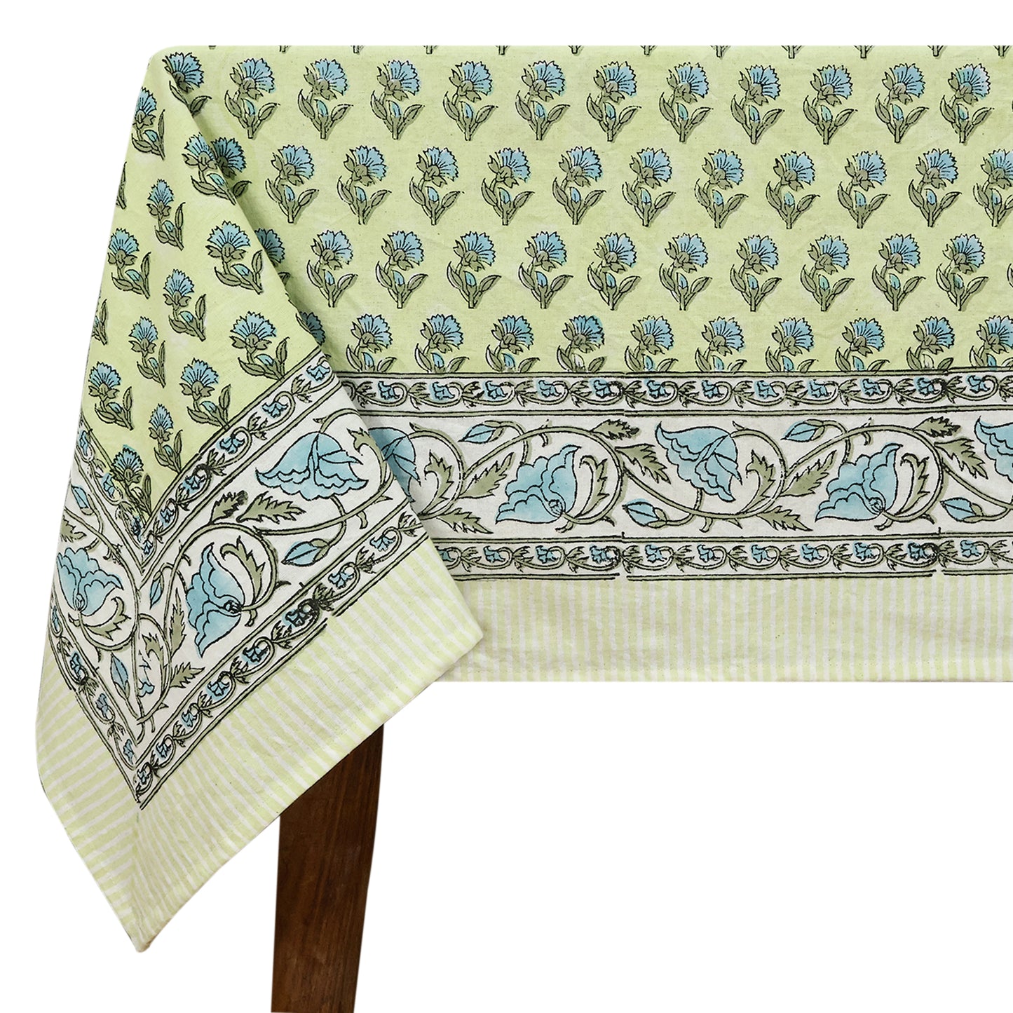 Rectangle Blue Green Floral Hand Block Printed Tablecloth - My Store
