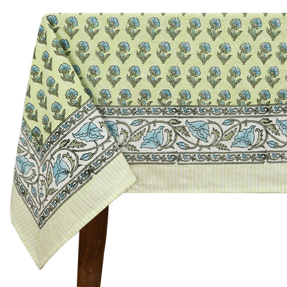 Rectangle Blue Green Floral Hand Block Printed Tablecloth - My Store