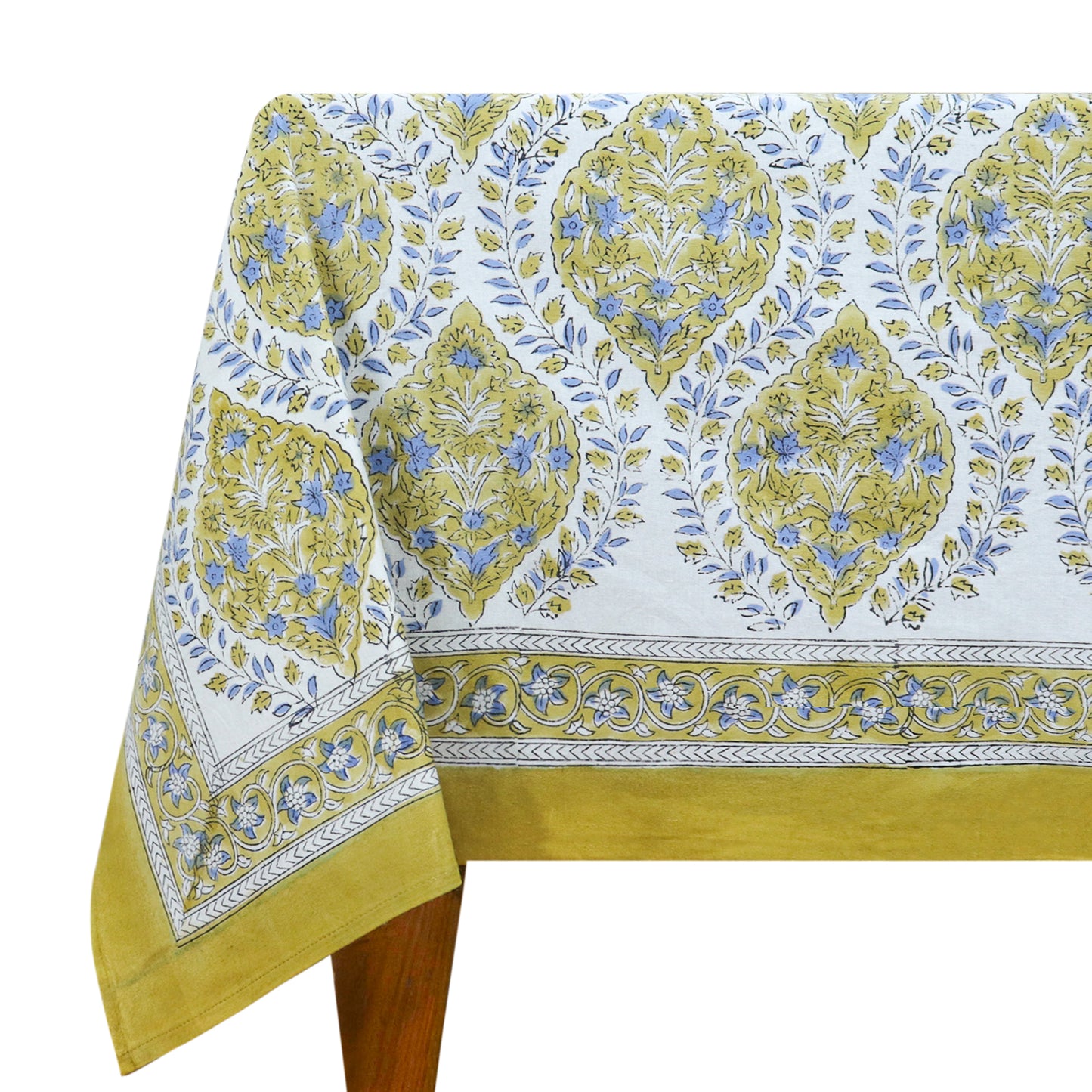 Olive Green Tablecloths, Cotton Table Cover, Wooden Block Prints, Dining Cloth - My Store