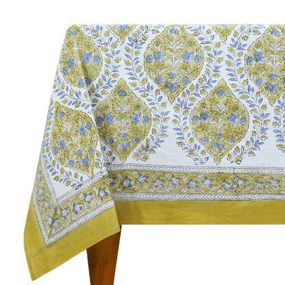 Olive Green Tablecloths, Cotton Table Cover, Wooden Block Prints, Dining Cloth - My Store