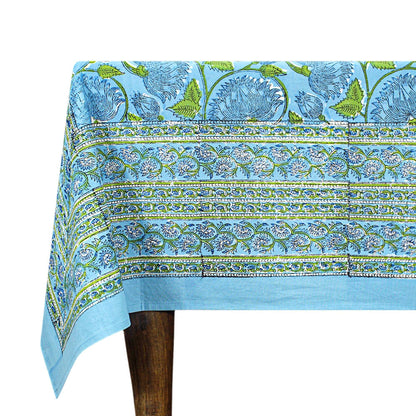 Blue & Green Hand Block Printed Tablecloth For Dining Decor - My Store
