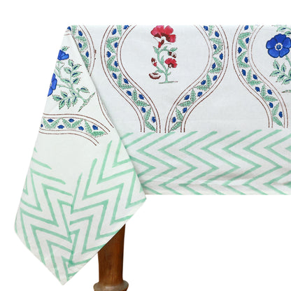 White & Green Hand Block Printed Floral Print Table Cover Pure 100% Rectangle Table Linen - My Store