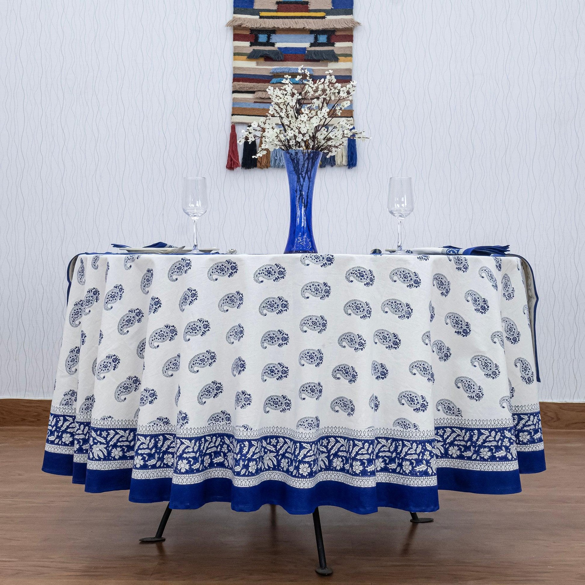 Indian Block Print Round Table Cover, Blue Floral Round Tablecloth - My Store