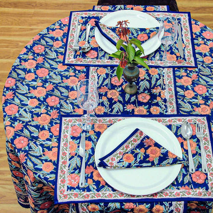 Blue and Red Floral Block Print Tablecloth, Handmade Table Cover - My Store