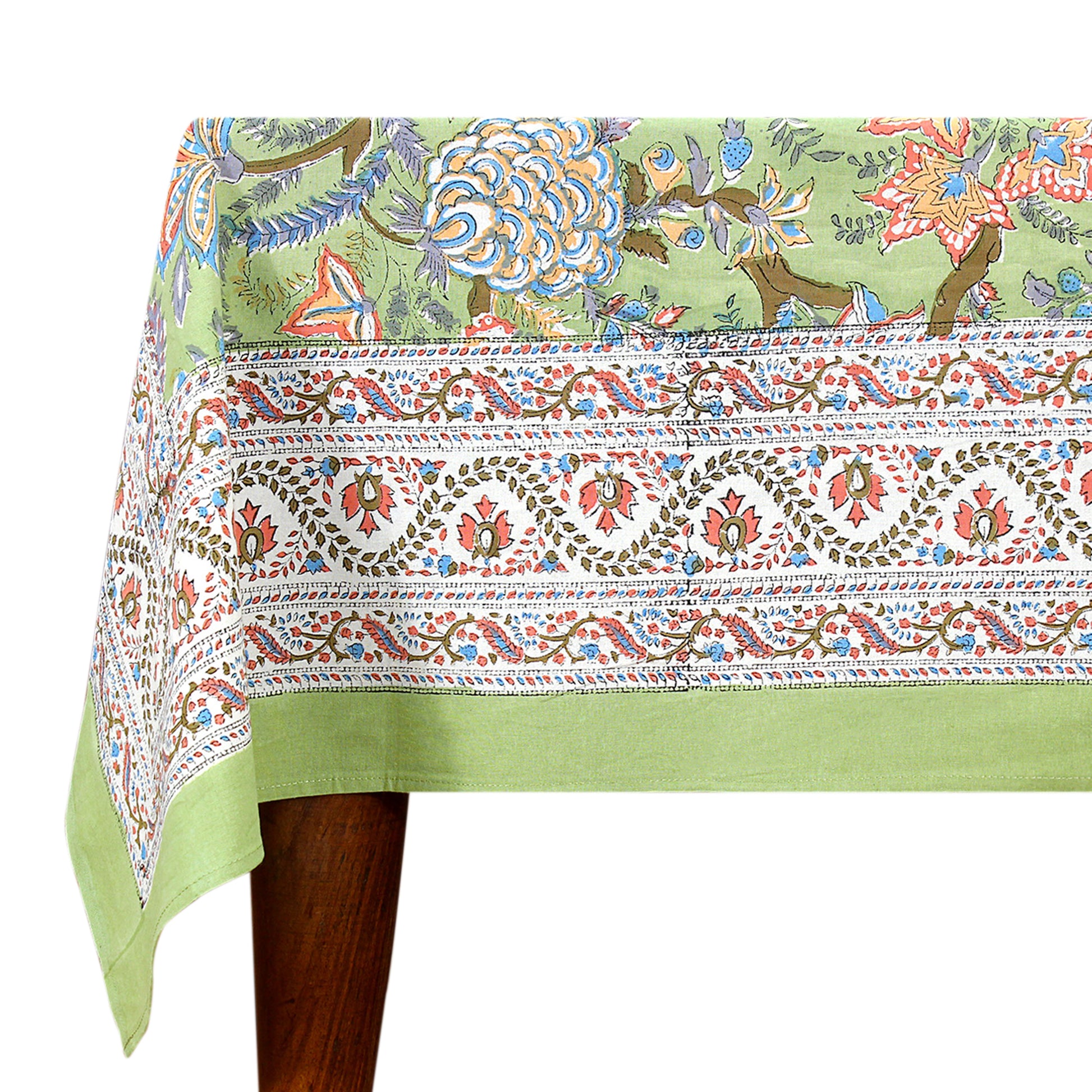 Green and Red Block Printed Cotton Rectangle Dinning Tablecloth - My Store