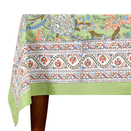 Green and Red Block Printed Cotton Rectangle Dinning Tablecloth - My Store