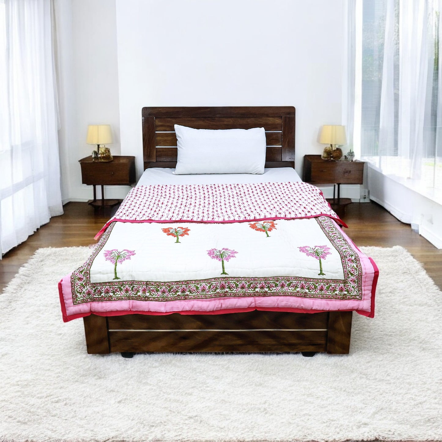 Pink With White Hand Block Printed Cotton Quilts-41 - My Store