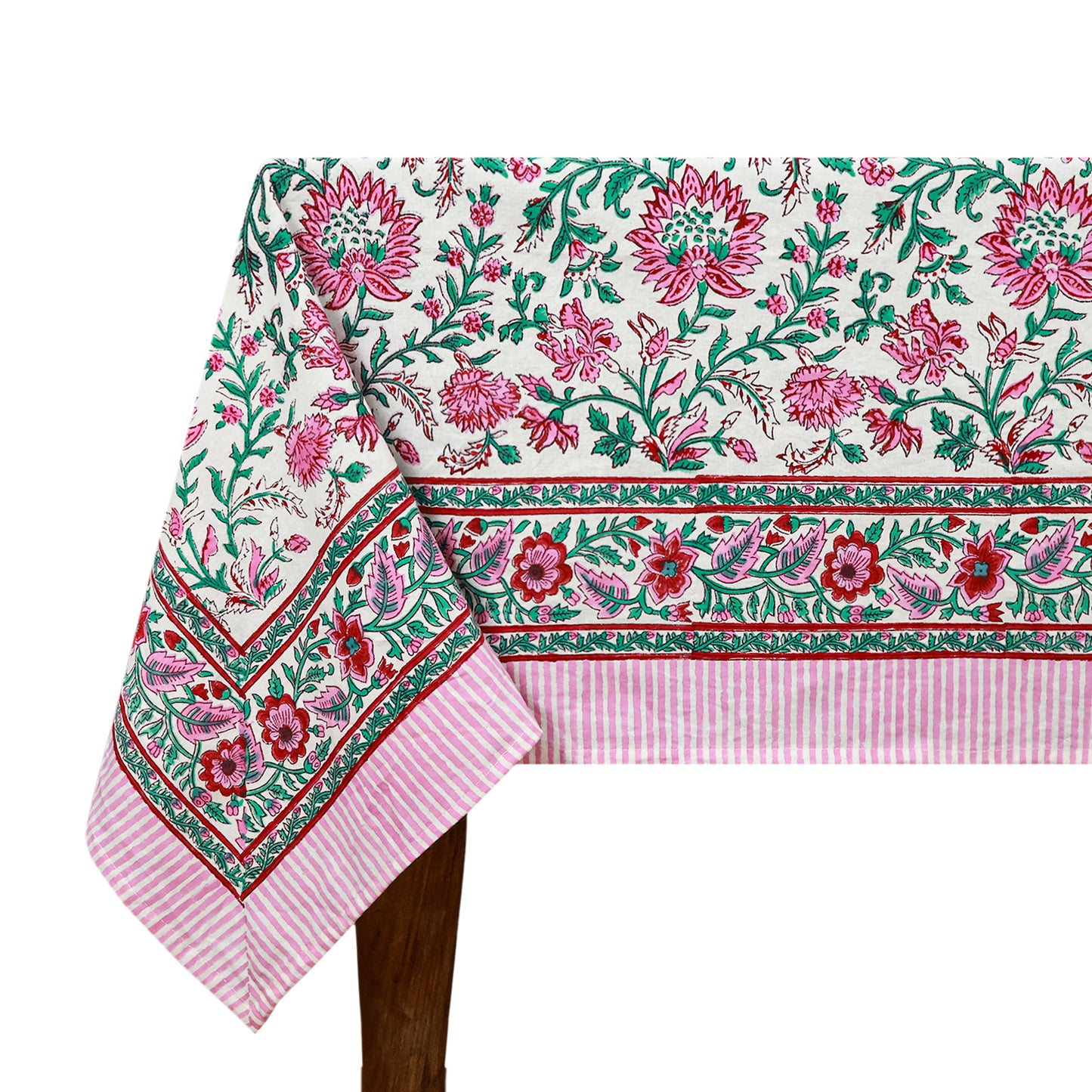 Floral Rectangle Table Cover Green and Pink Hand Block Printed Cotton Tablecloth - My Store