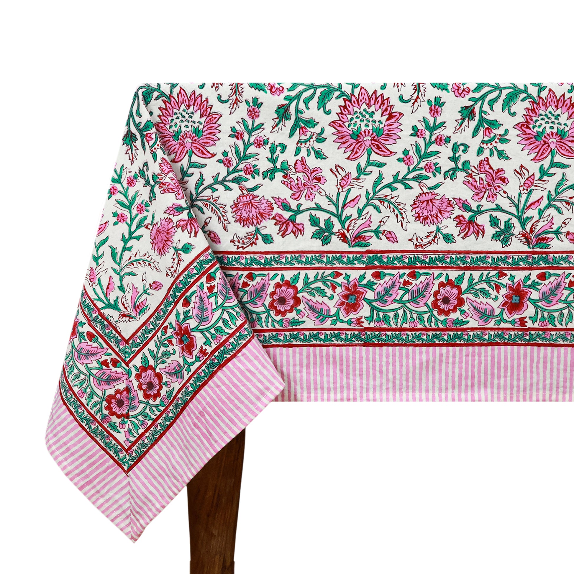 Floral Rectangle Table Cover Green and Pink Hand Block Printed Cotton Tablecloth - My Store