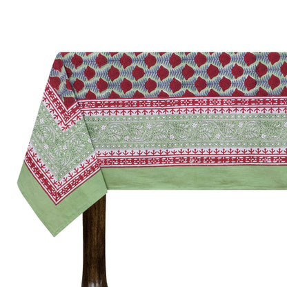 Red and Teal Green Indian Hand Block Floral Printed Tablecloth - My Store