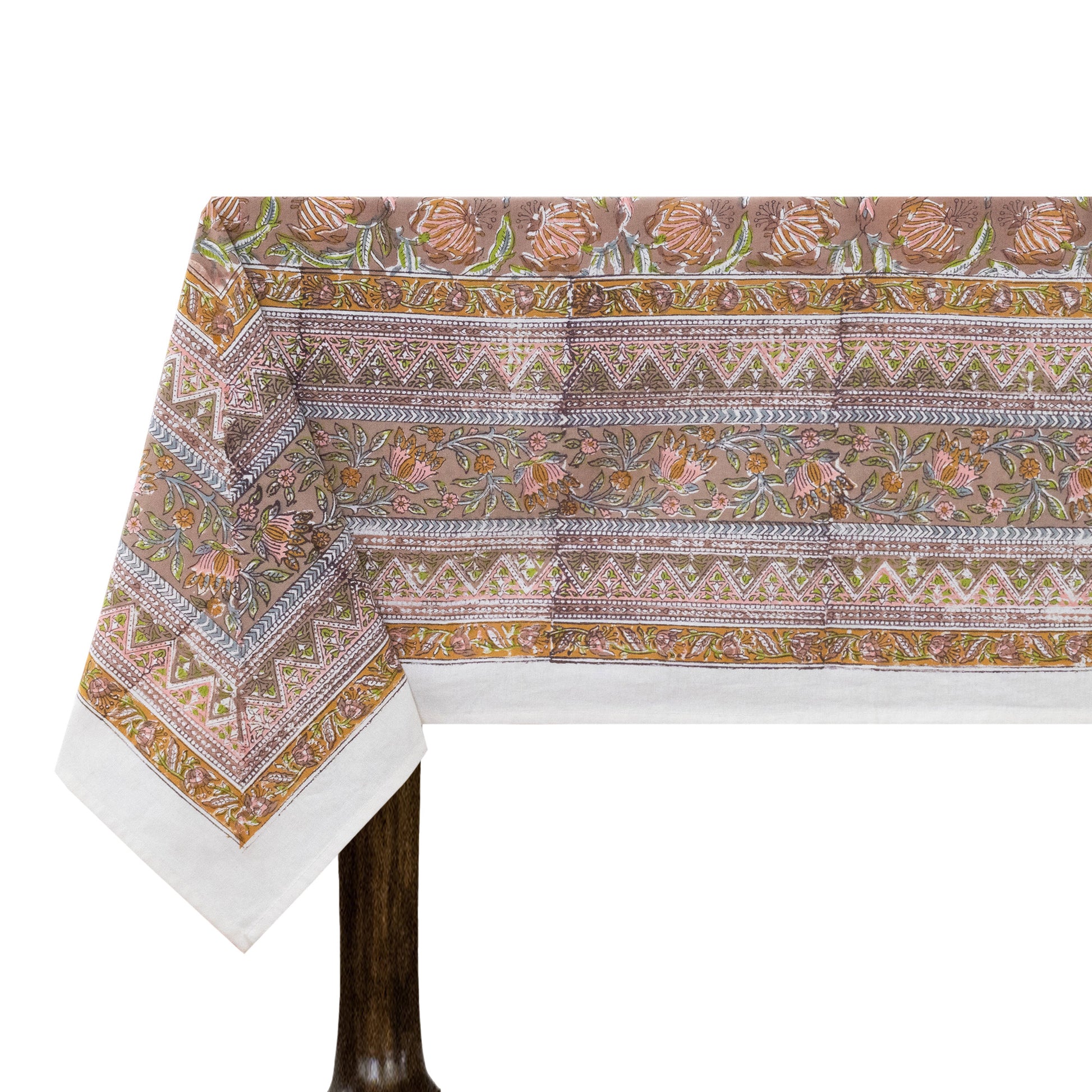 Brown and White Block Print Cotton Tablecloth, Handmade Indian Rectangle Table Linen - My Store