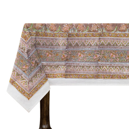 Brown and White Block Print Cotton Tablecloth, Handmade Indian Rectangle Table Linen - My Store