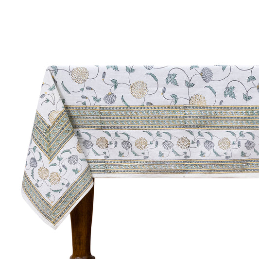 Indian Handmade Block Printed Cotton White and Yellow Rectangle Tablecloth - My Store