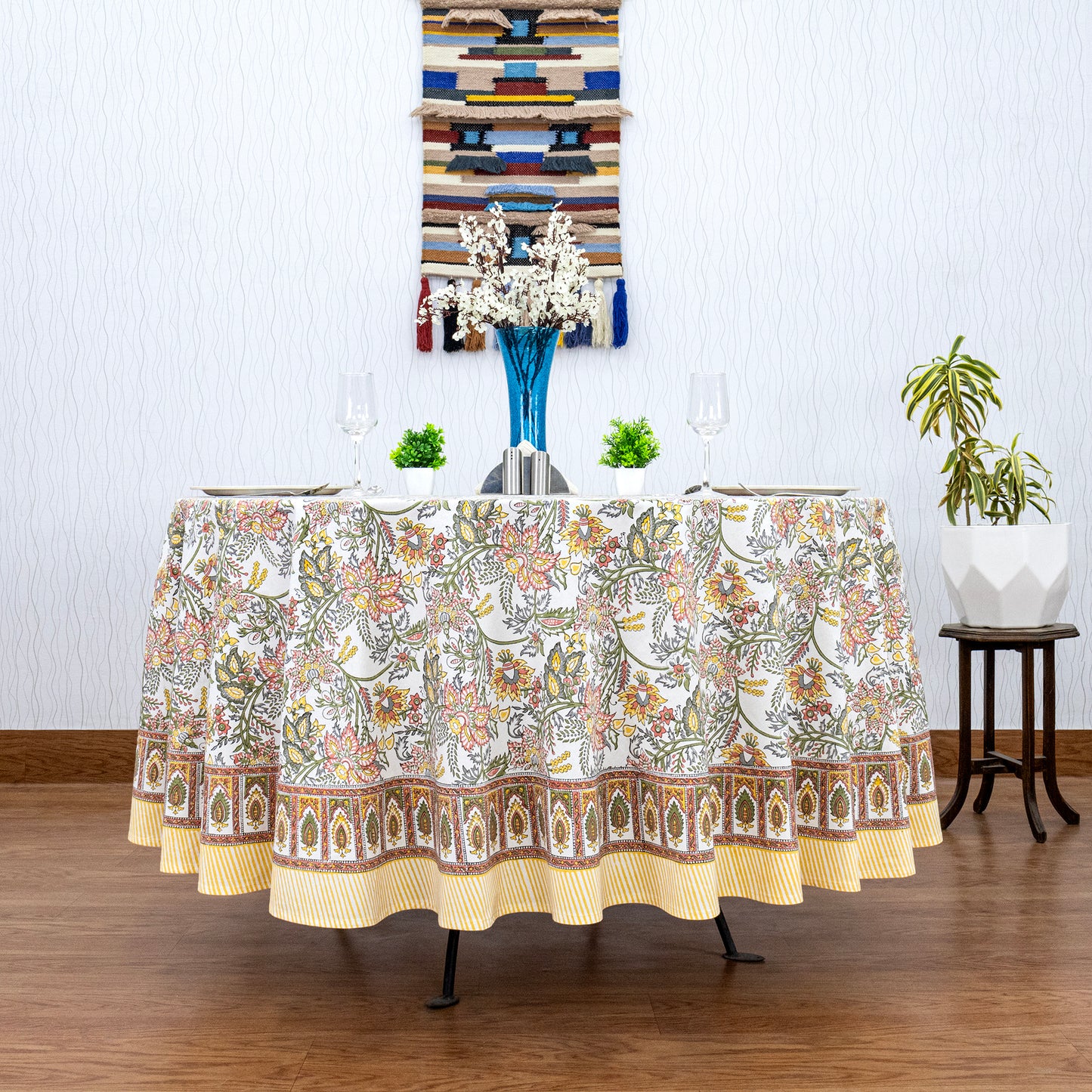 Teal Blue and White Floral Table Cloth, Block Printed Table Cover, Round Table Cloth - My Store