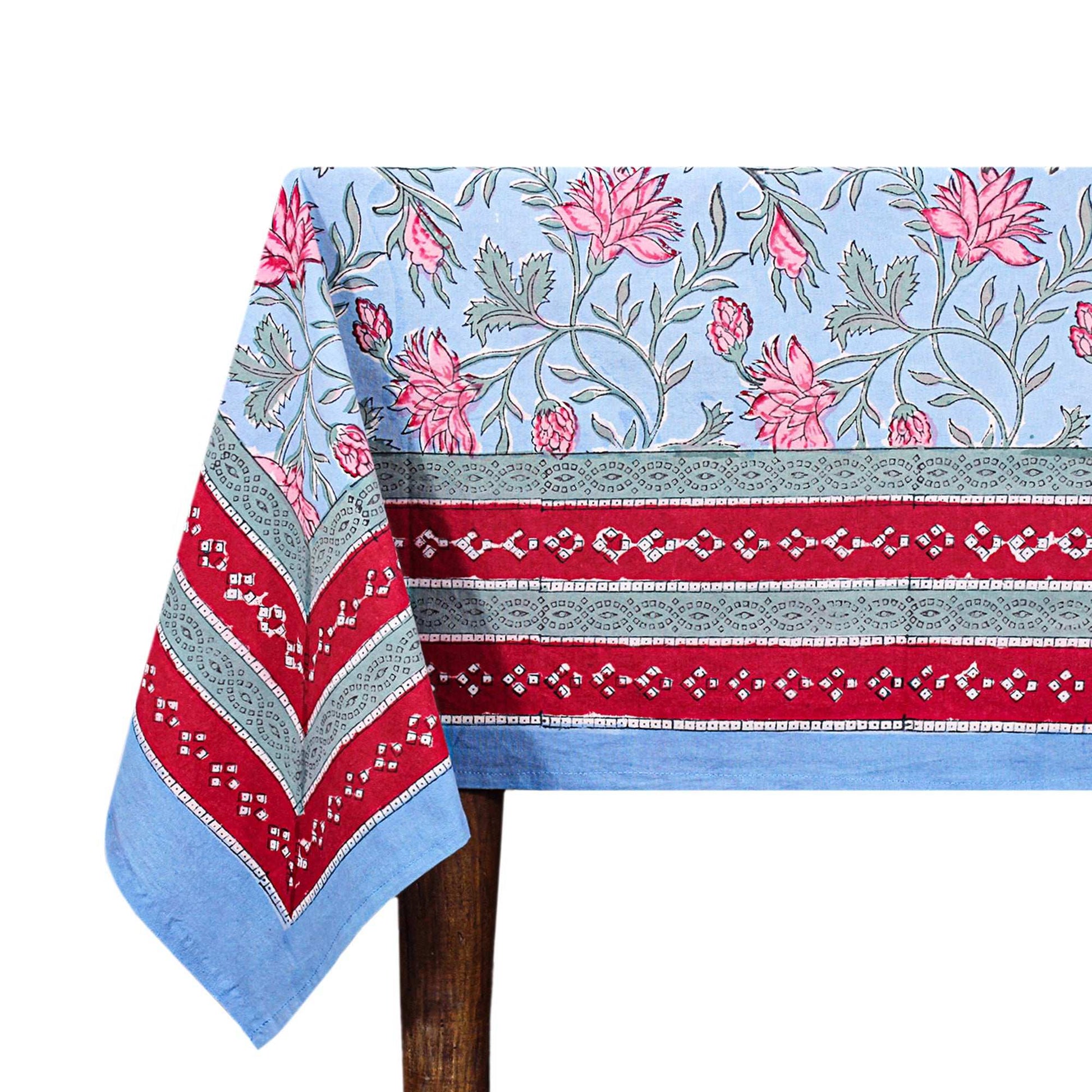 Cotton Blue and Faded Pink Hand Block Printed Cotton Tablecloth - My Store