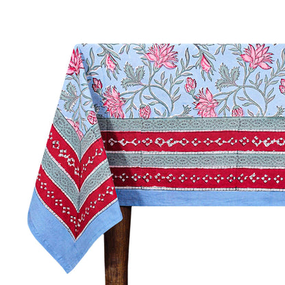 Cotton Blue and Faded Pink Hand Block Printed Cotton Tablecloth - My Store