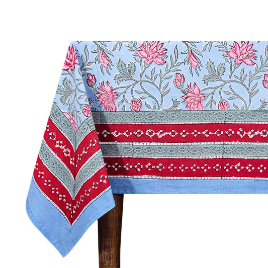 Cotton Blue and Faded Pink Hand Block Printed Cotton Tablecloth - My Store