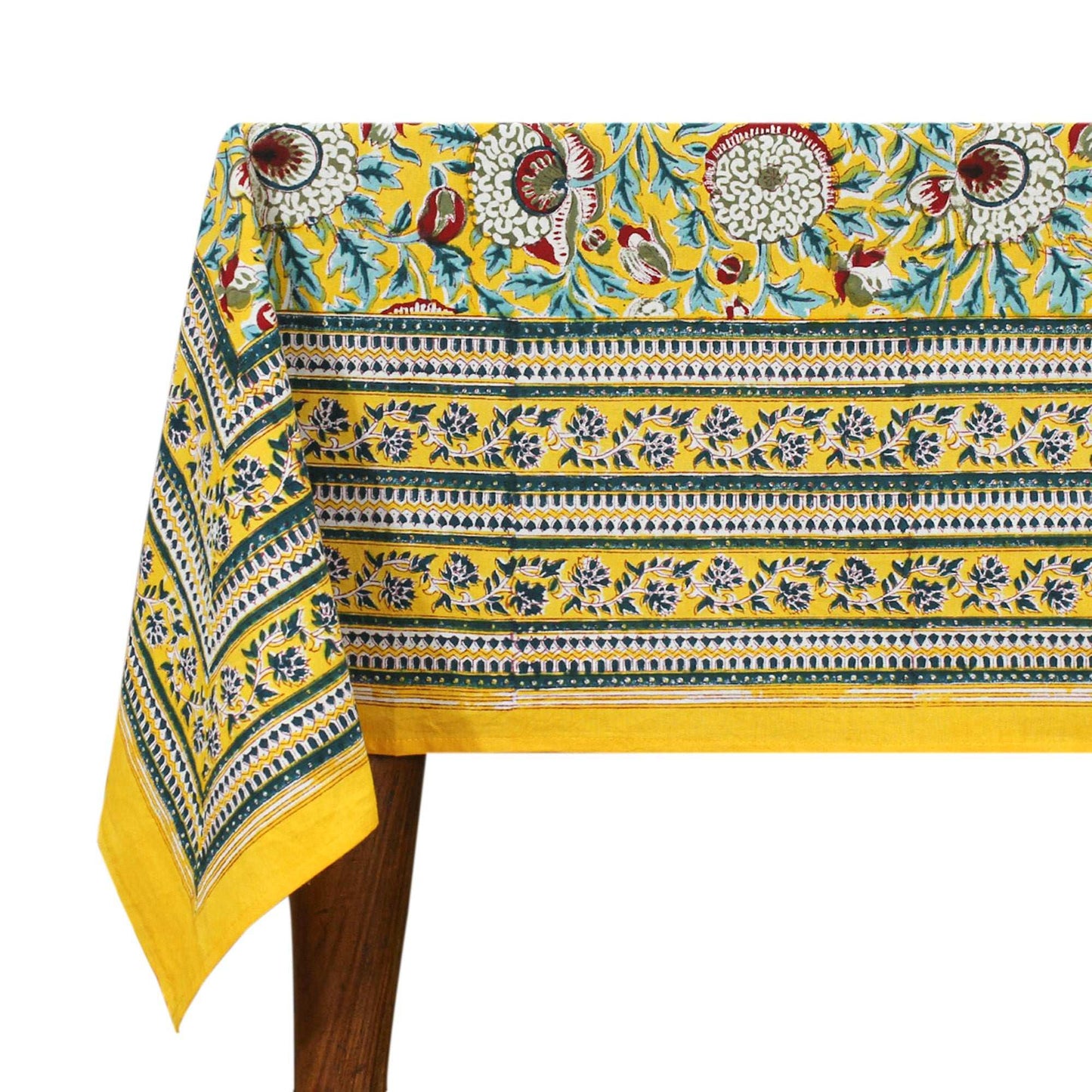 Yellow and White Hand Block Printed tablecloth Floral Cotton Table Cover - My Store