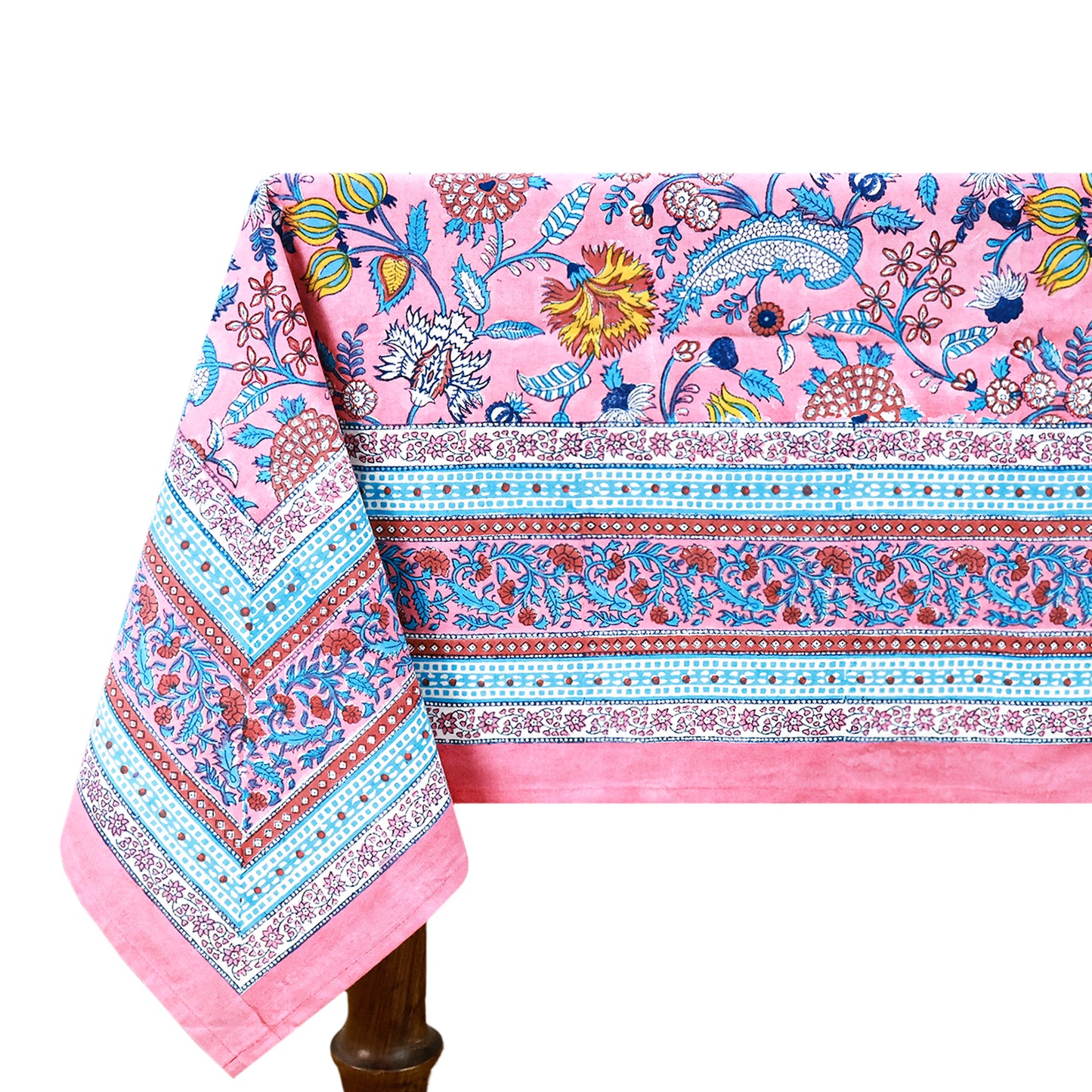 Pink Floral Block Printed Cotton Tablecloth Rectangle Table Cover - My Store