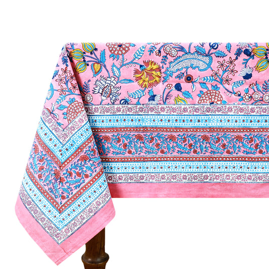 Pink Floral Block Printed Cotton Tablecloth Rectangle Table Cover - My Store
