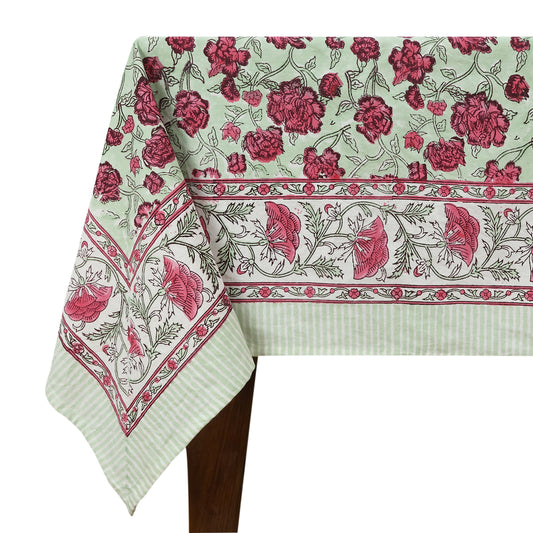 Pink and Green Hand Block Printed Cotton Rectangle Tablecloth - My Store